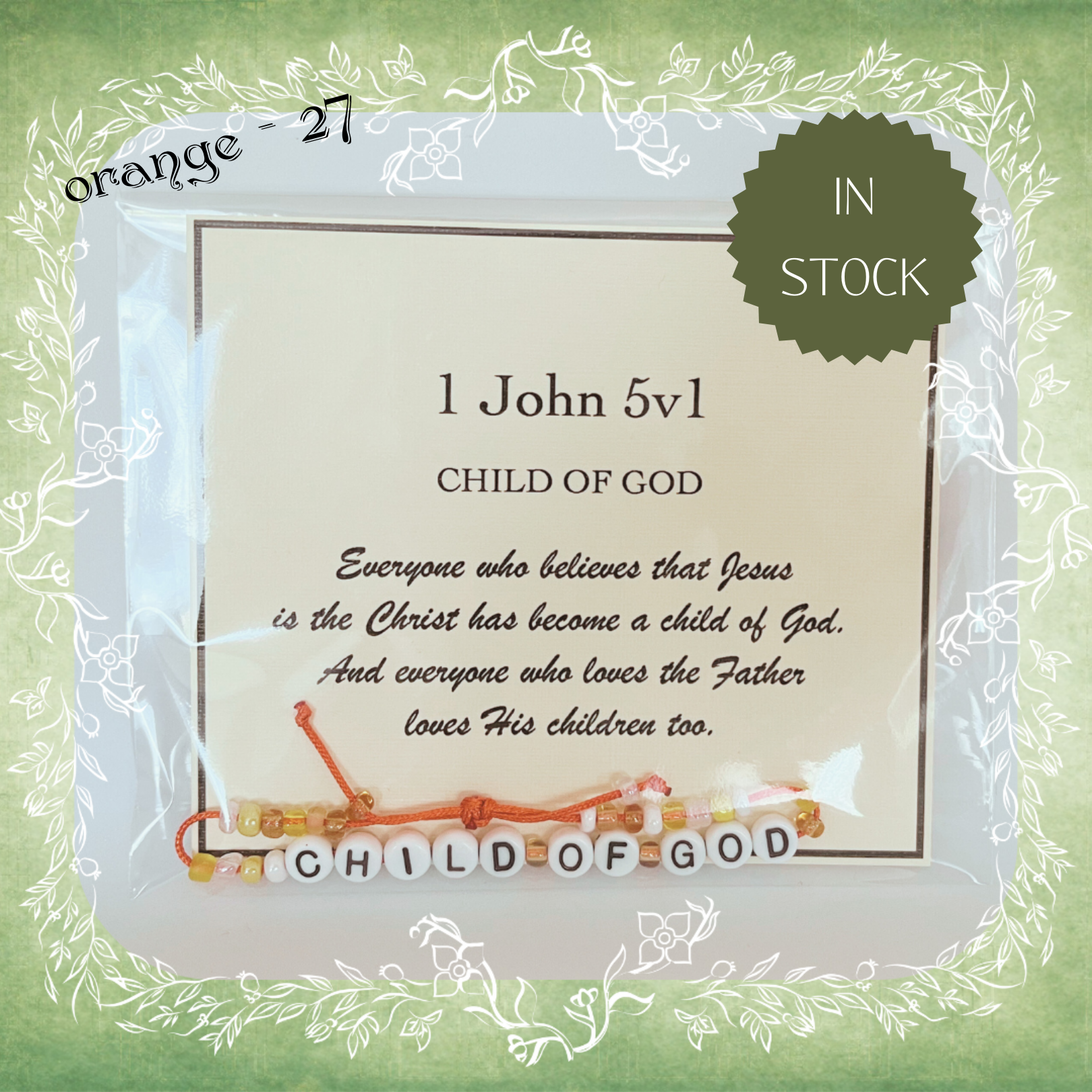 Child of God Bible verse bracelet with letter beads and scripture verse card, packaged for gifting and encouragement, orange cord and bead mix 27