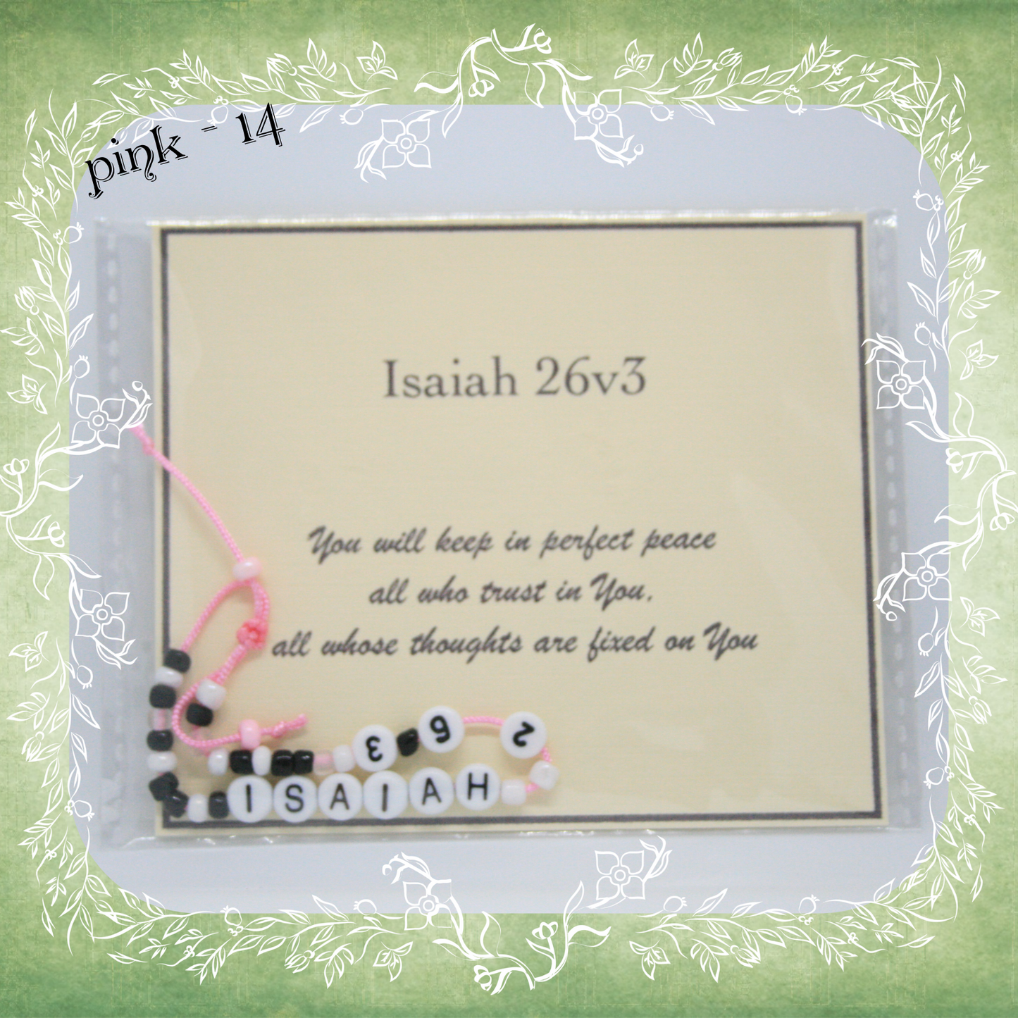 Isaiah 26v3 Bible verse bracelet with letter beads and scripture verse card, packaged for gifting and encouragement, pink cord and bead mix 14