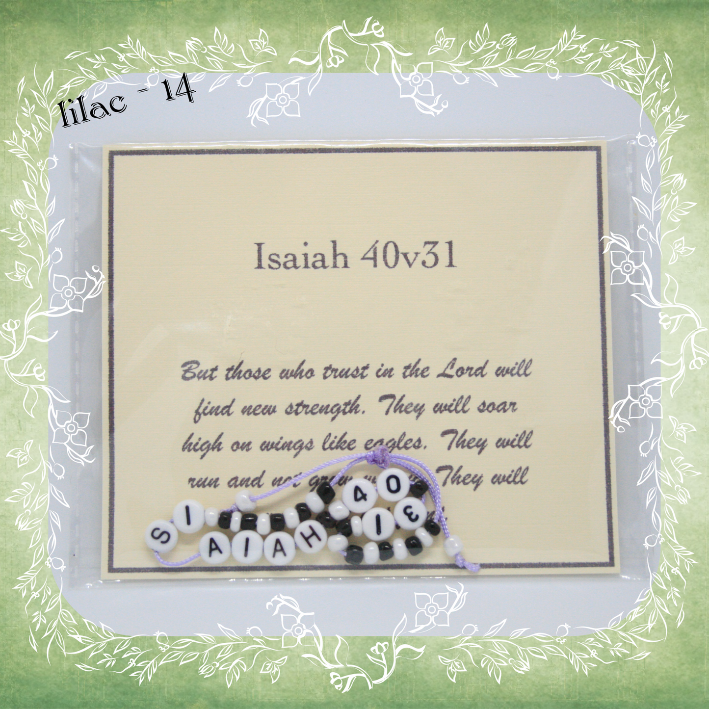 Isaiah 40v31 Bible verse bracelet with letter beads and scripture verse card, packaged for gifting and encouragement, lilac cord and bead mix 14