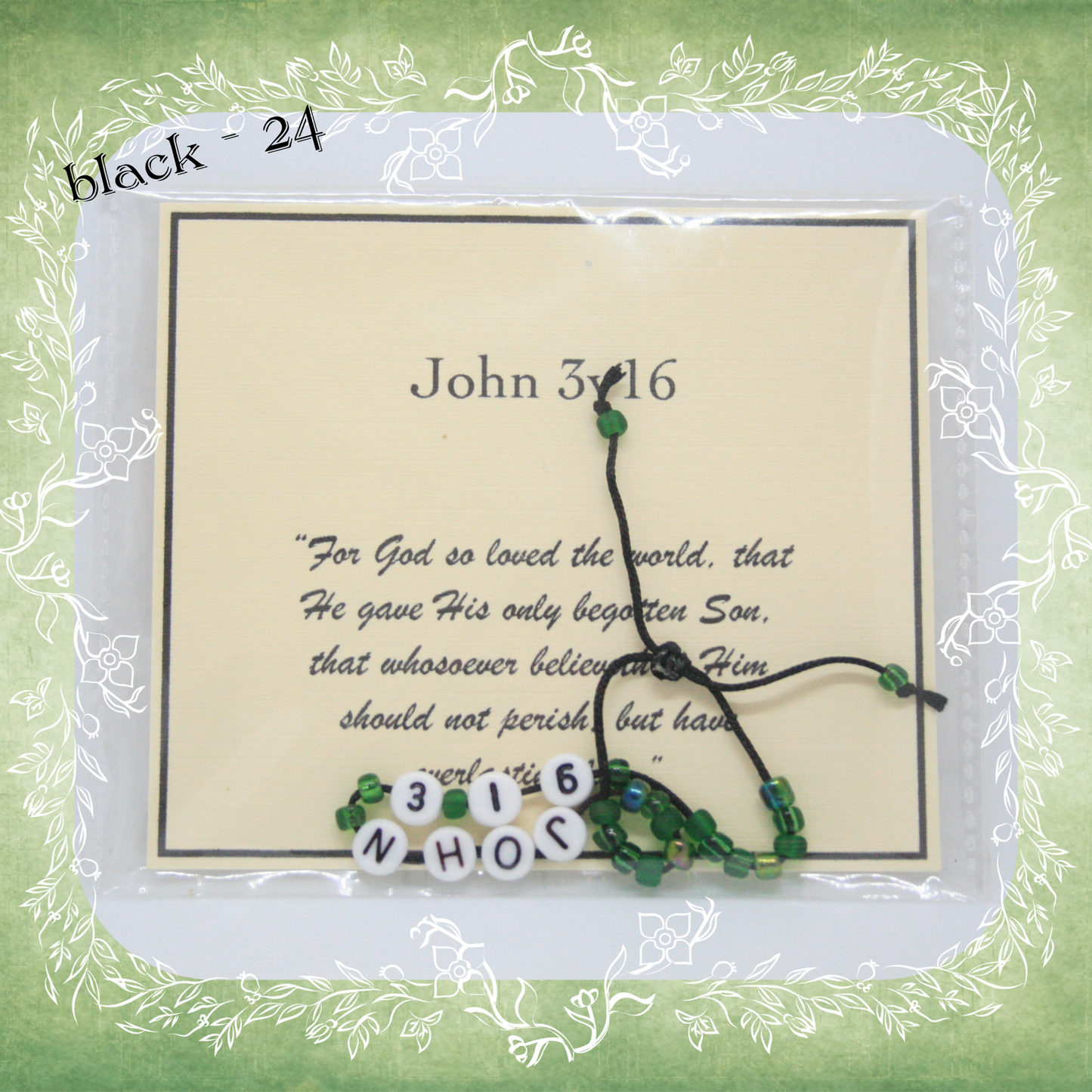 John 3v16 Bible verse bracelet with letter beads and scripture verse card, packaged for gifting and encouragement, black cord and bead mix 24