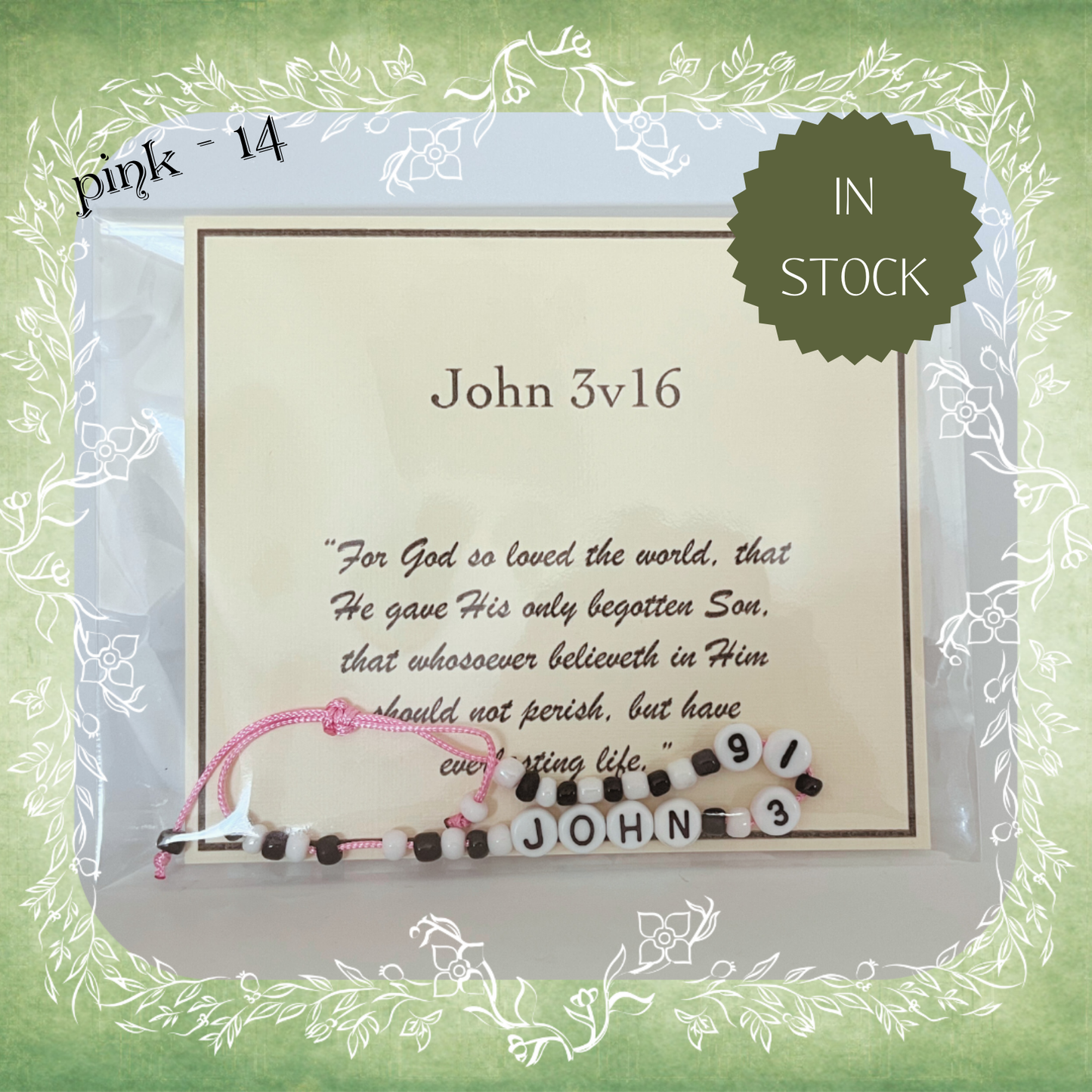 John 3v16 Bible verse bracelet with letter beads and scripture verse card, packaged for gifting and encouragement, pink cord and bead mix 14