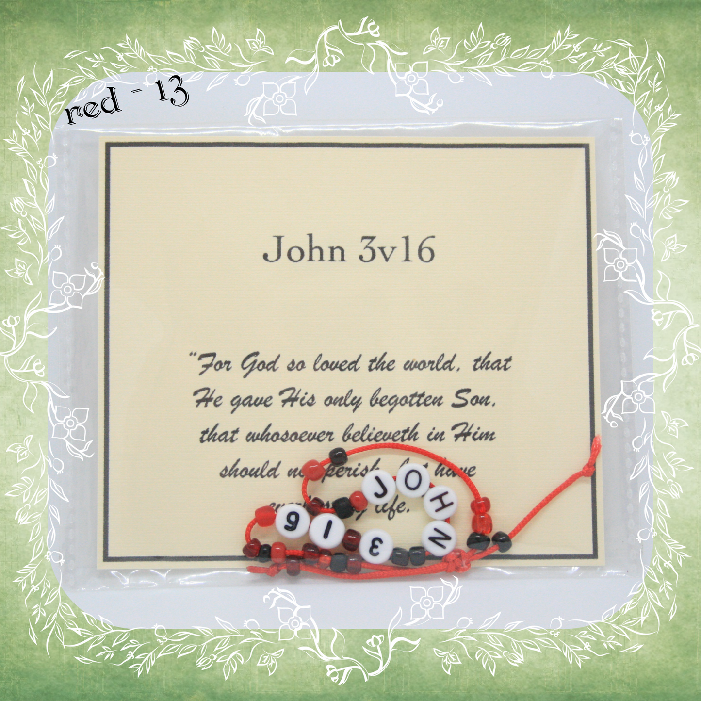John 3v16 Bible verse bracelet with letter beads and scripture verse card, packaged for gifting and encouragement, red cord and bead mix 13