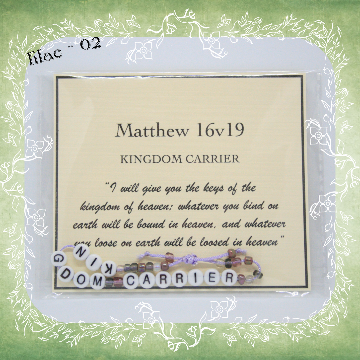 Kingdom Carrier Bible verse bracelet with letter beads and scripture verse card, packaged for gifting and encouragement, lilac cord and bead mix 02