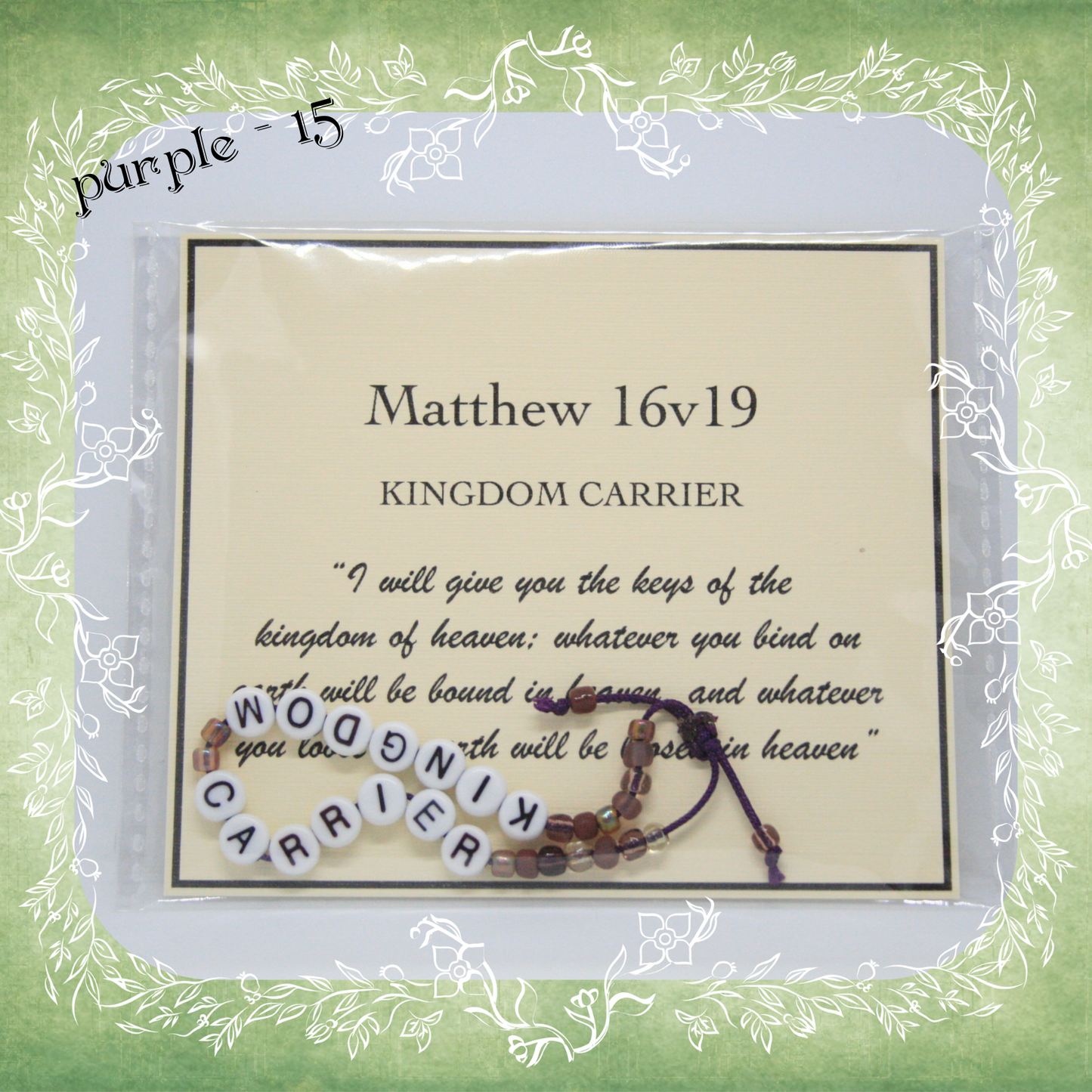 Kingdom Carrier Bible verse bracelet with letter beads and scripture verse card, packaged for gifting and encouragement, purple cord and bead mix 15