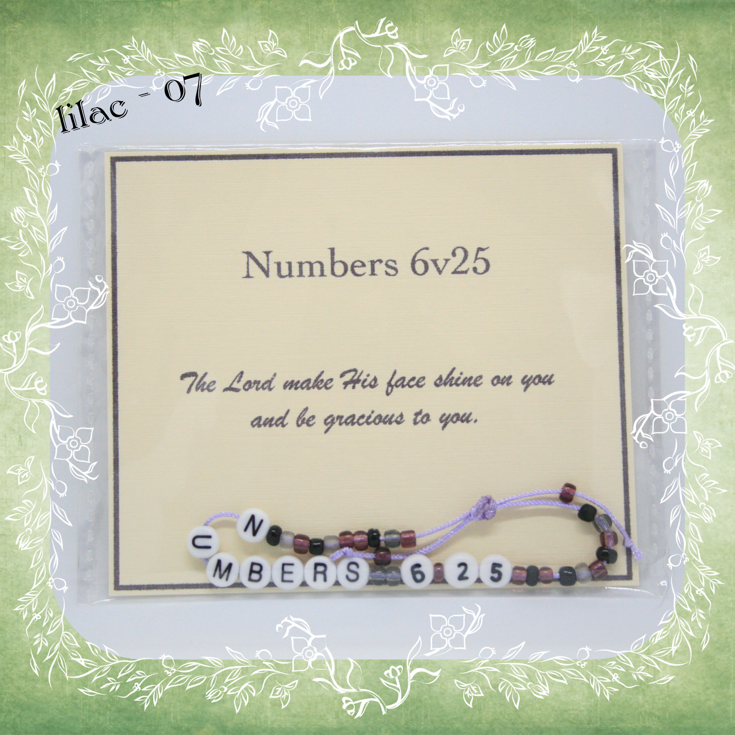 Numbers 6v25 Bible verse bracelet with letter beads and scripture verse card, packaged for gifting and encouragement, lilac cord and bead mix 07