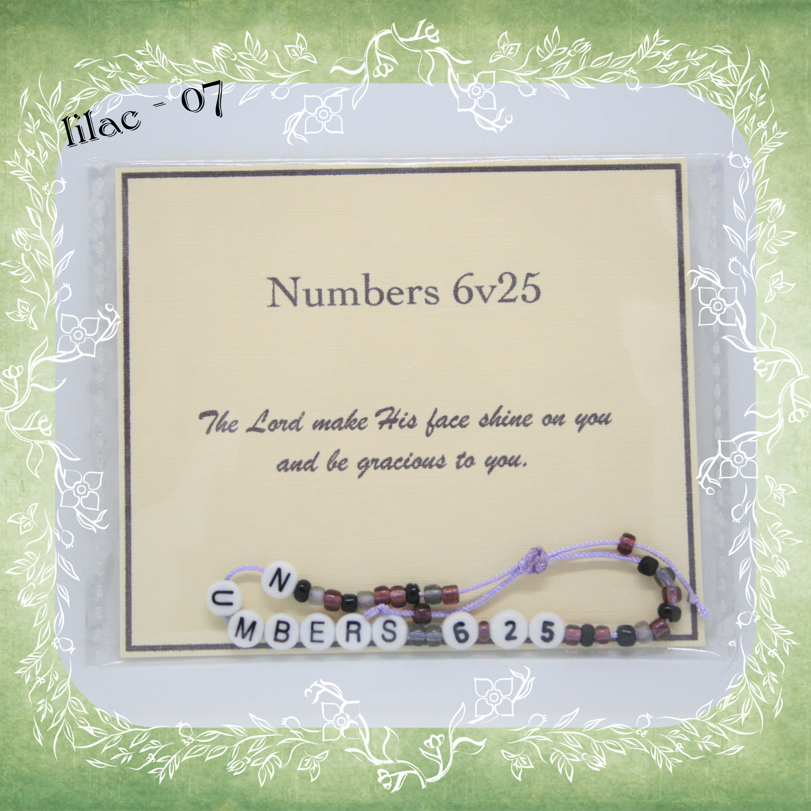 Numbers 6v25 Bible verse bracelet with letter beads and scripture verse card, packaged for gifting and encouragement, lilac cord and bead mix 07