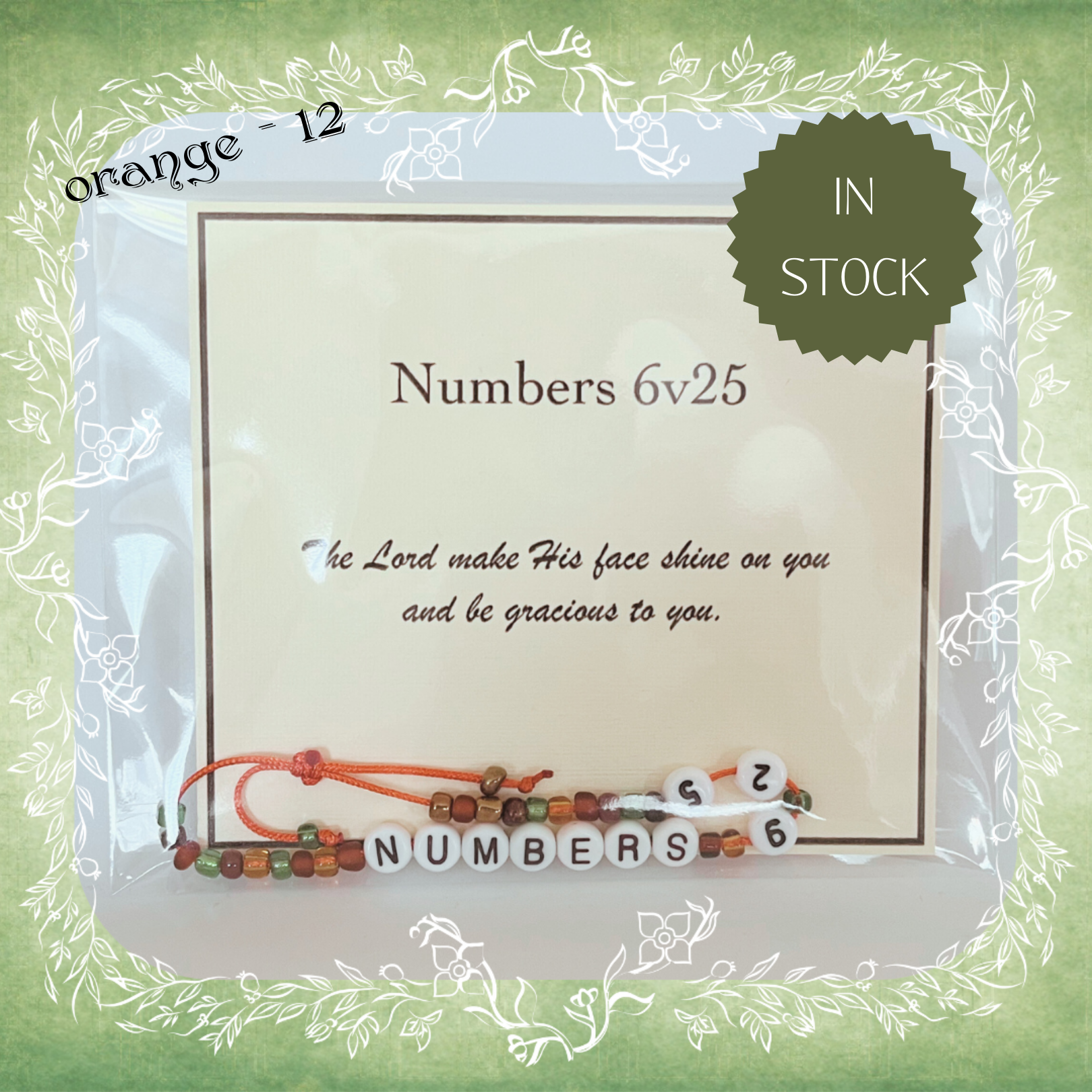 Numbers 6v25 Bible verse bracelet with letter beads and scripture verse card, packaged for gifting and encouragement, orange cord and bead mix 12