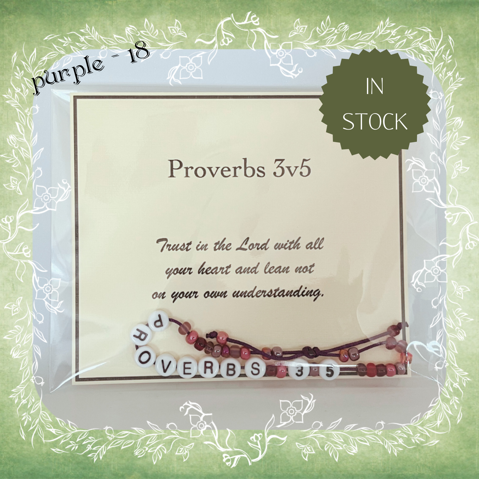 Proverbs 3v5 Bible verse bracelet with letter beads and scripture verse card, packaged for gifting and encouragement, purple cord and bead mix 18
