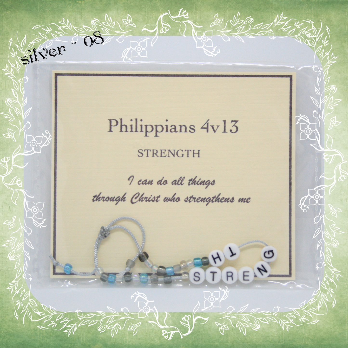 Strength Bible verse bracelet with letter beads and scripture verse card, packaged for gifting and encouragement, silver cord and bead mix 08