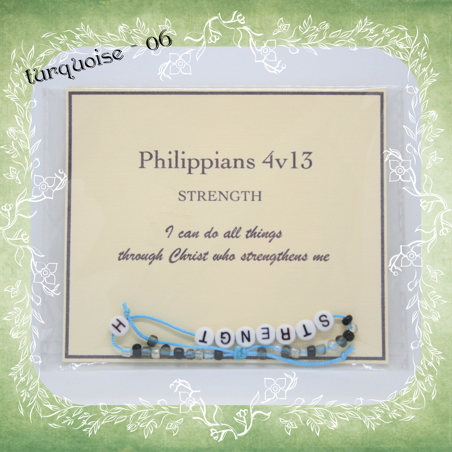 Strength Bible verse bracelet with letter beads and scripture verse card, packaged for gifting and encouragement, turquoise cord and bead mix 06