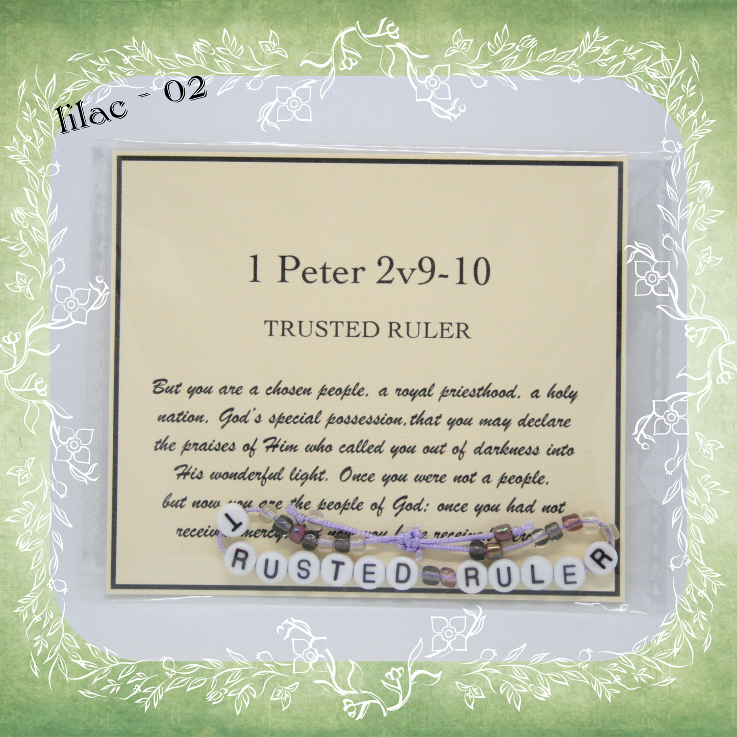Trusted Ruler Bible verse bracelet with letter beads and scripture verse card, packaged for gifting and encouragement, lilac cord and bead mix 02
