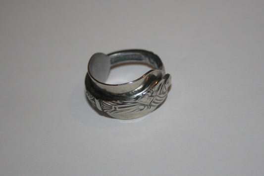 Upcycled silver ring made from antique apostle spoon with detailed apostle figure