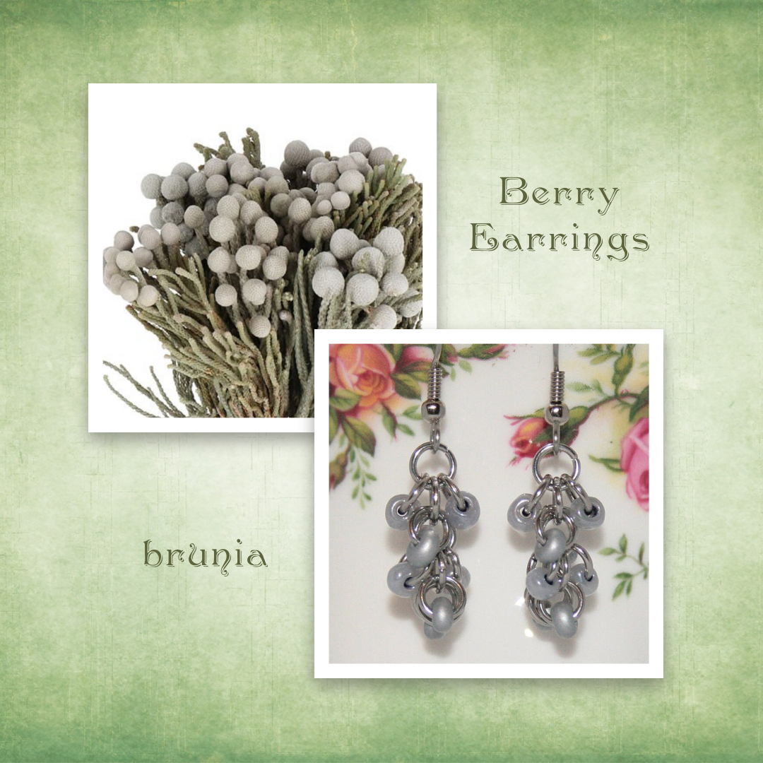 Handmade berry earrings with silver beaded clusters, inspired by wild brunia berries