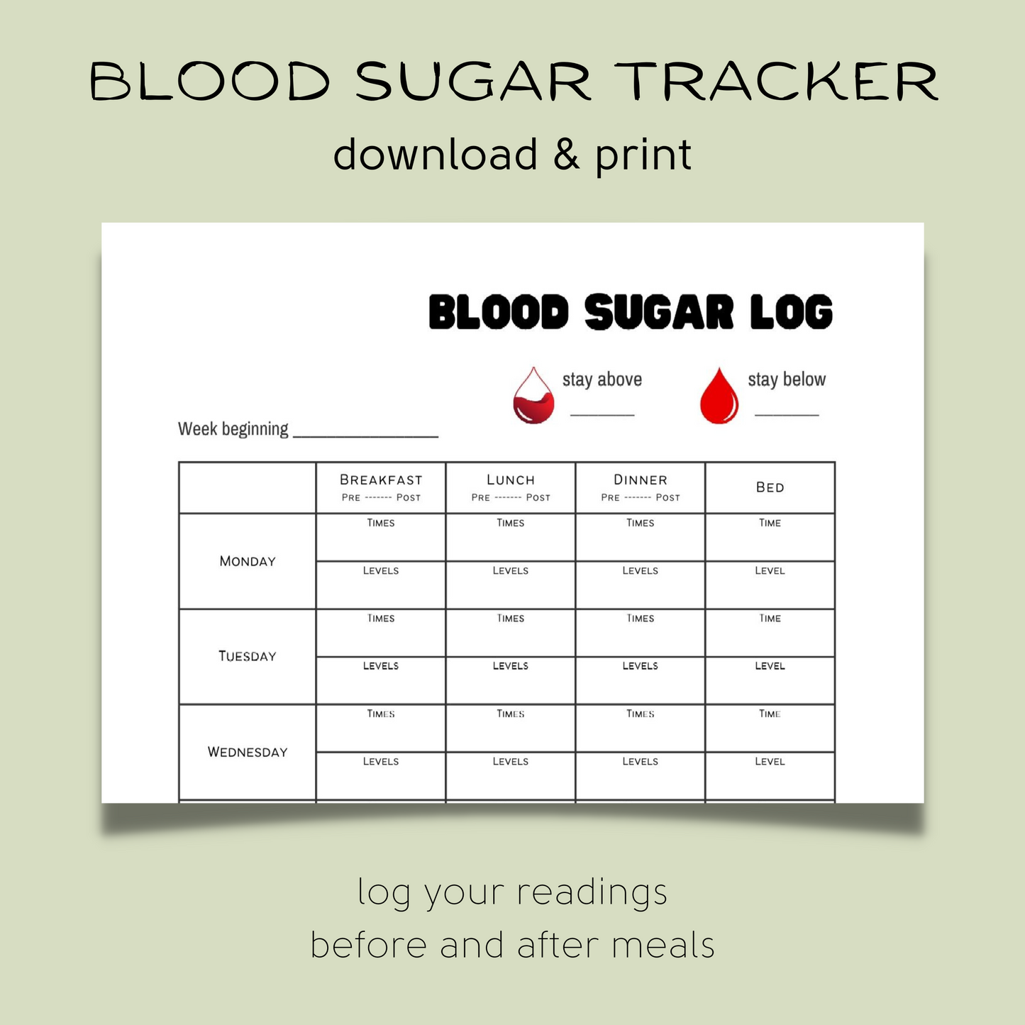 Preview of printable blood sugar log