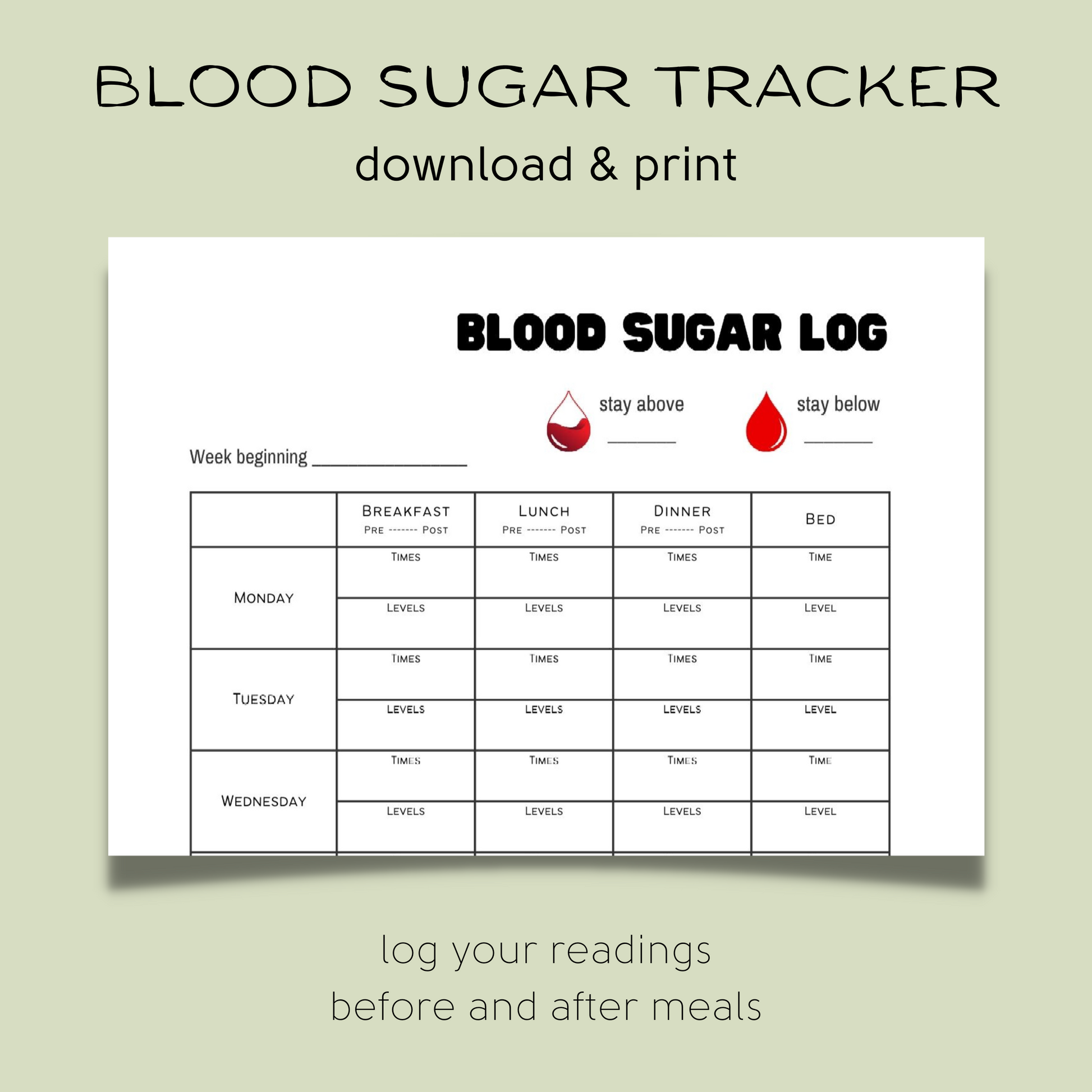 Preview of printable blood sugar log