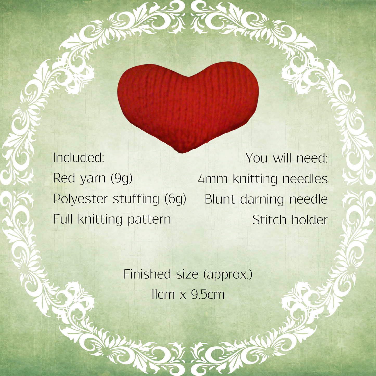 Image displaying written details of kit contents and approximate finished measurements.