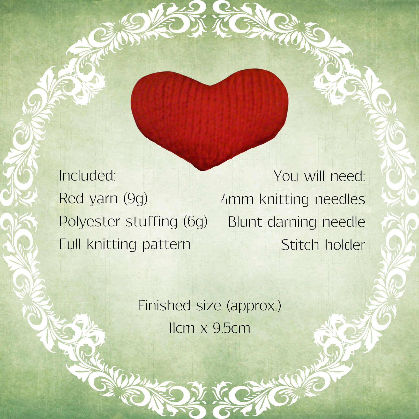 Image displaying written details of kit contents and approximate finished measurements.