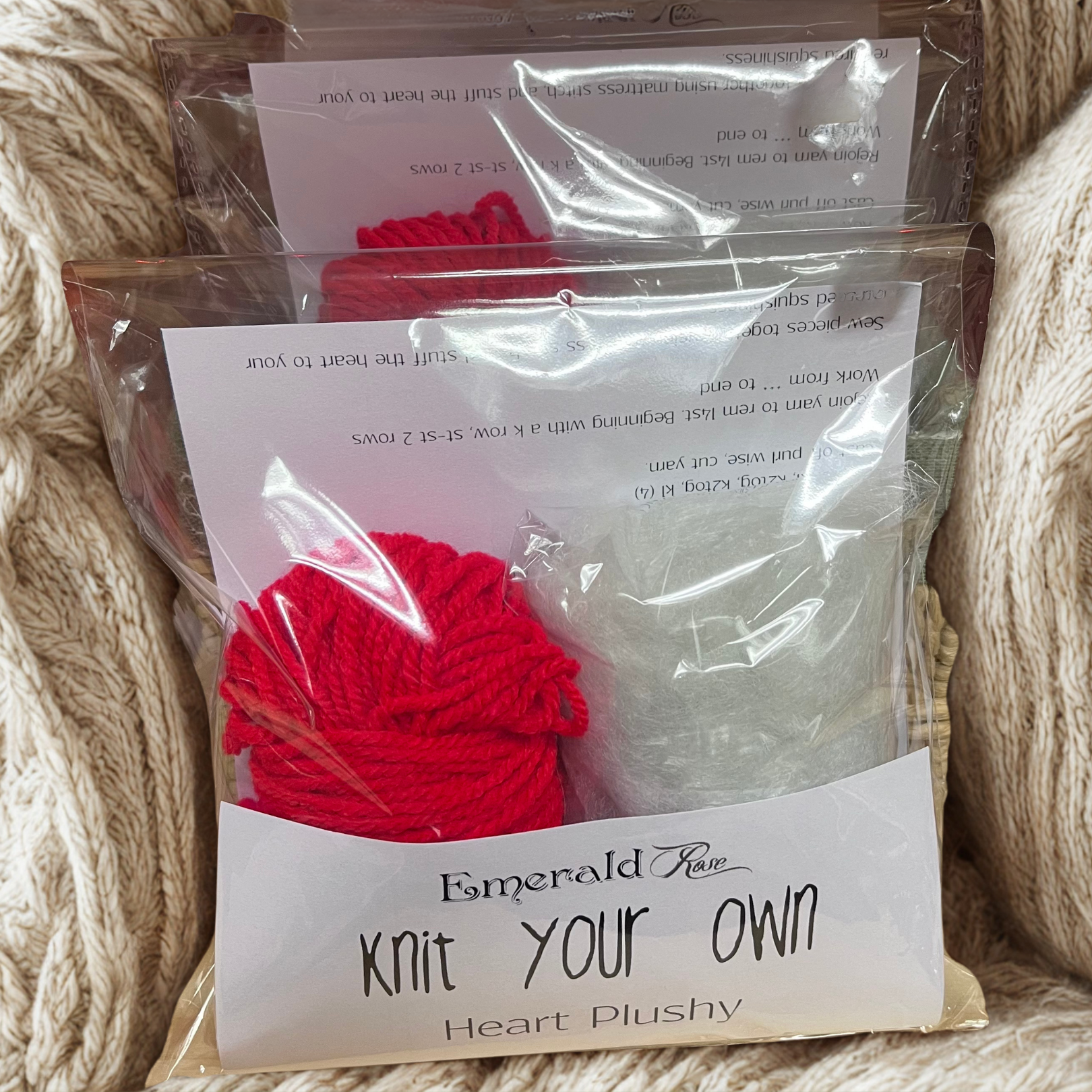 Knit-Your-Own Heart Plushy Kit with soft yarn, stuffing, and easy step-by-step instructions—perfect DIY craft project for beginners or experienced knitters. Ideal for handmade gifts, stress relief, or cozy self-care crafting.