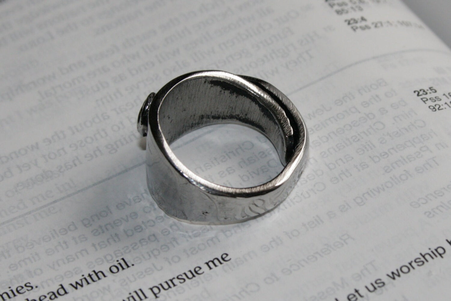 Upcycled silver ring made from antique spoon with hook detail, interior