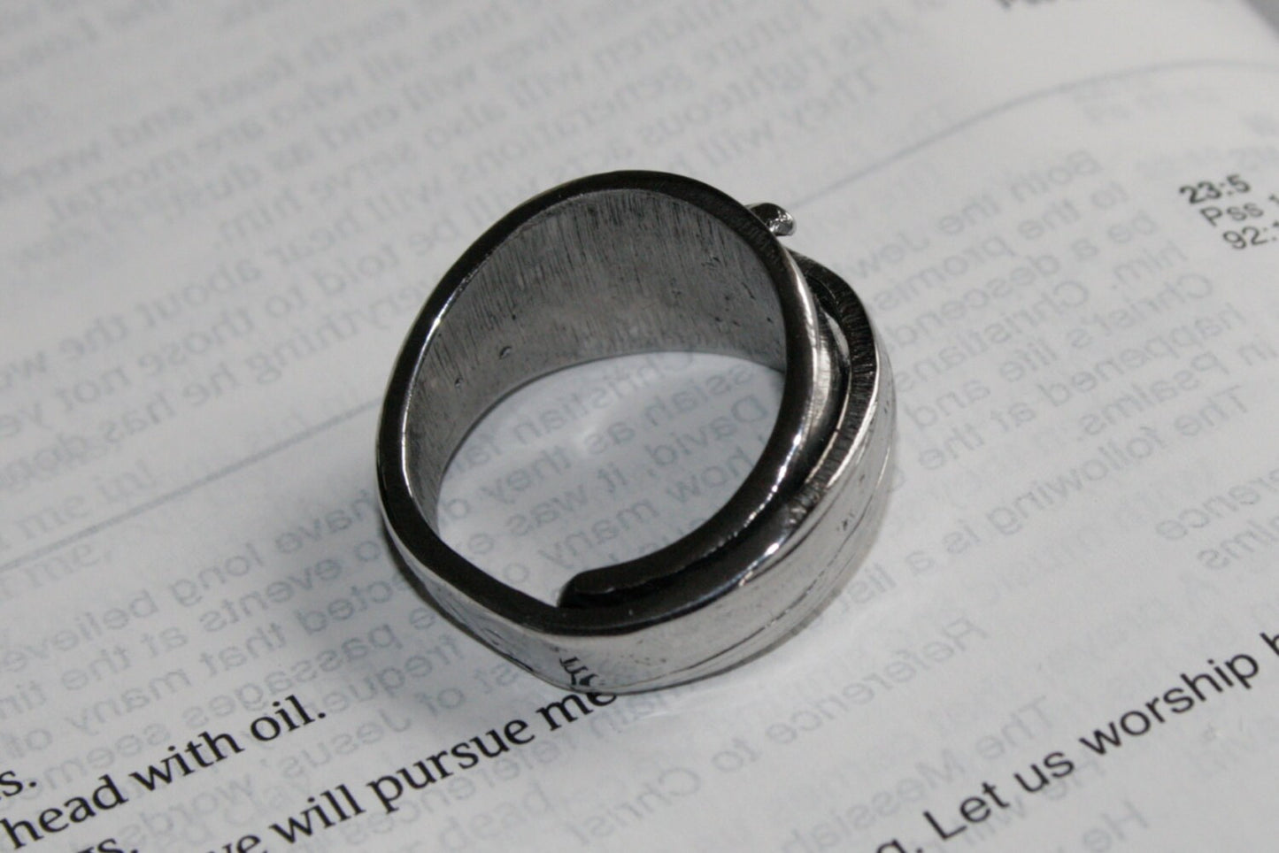 Upcycled silver ring made from antique spoon with hook detail, interior