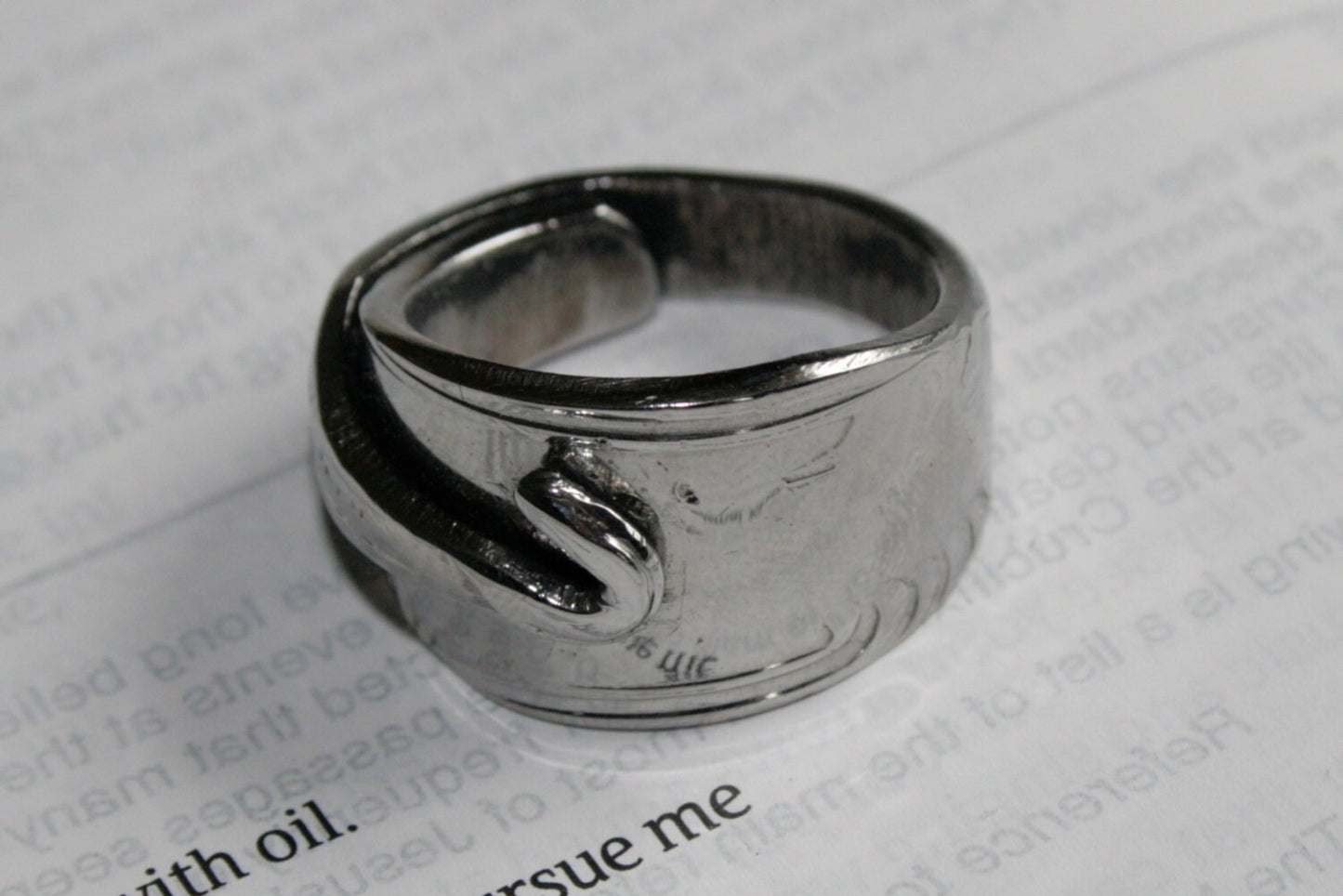 Upcycled silver ring made from antique spoon with hook detail, gloss finish