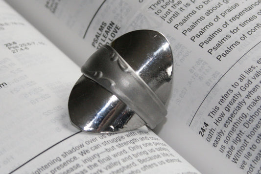 Upcycled silver ring made from antique spoon with flat gloss focal and sandblasted band
