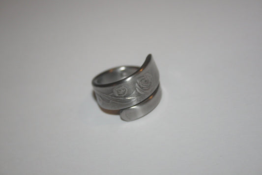Upcycled silver ring made from antique spoon with rose design, matte finish