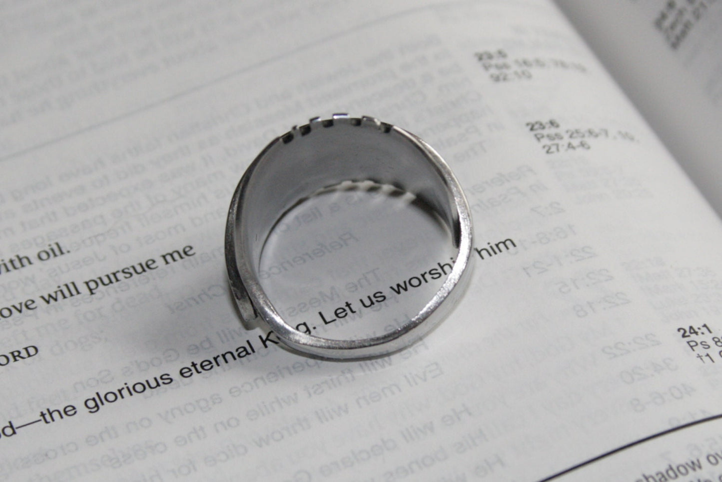 Upcycled silver ring made from antique spoon with notched edge detail, interior