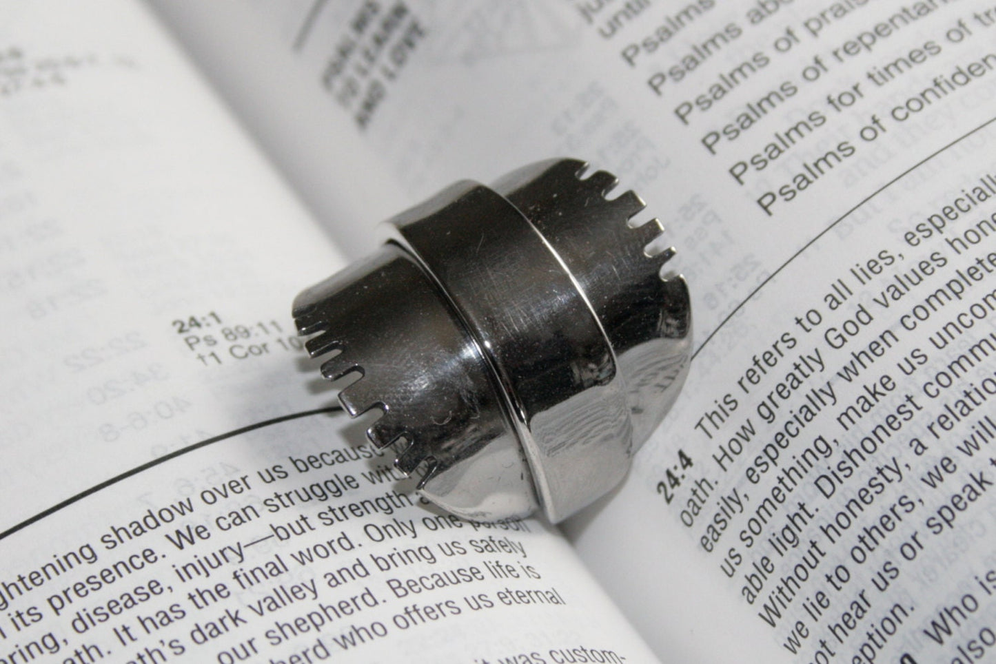 Upcycled silver ring made from antique spoon with notched edge detail