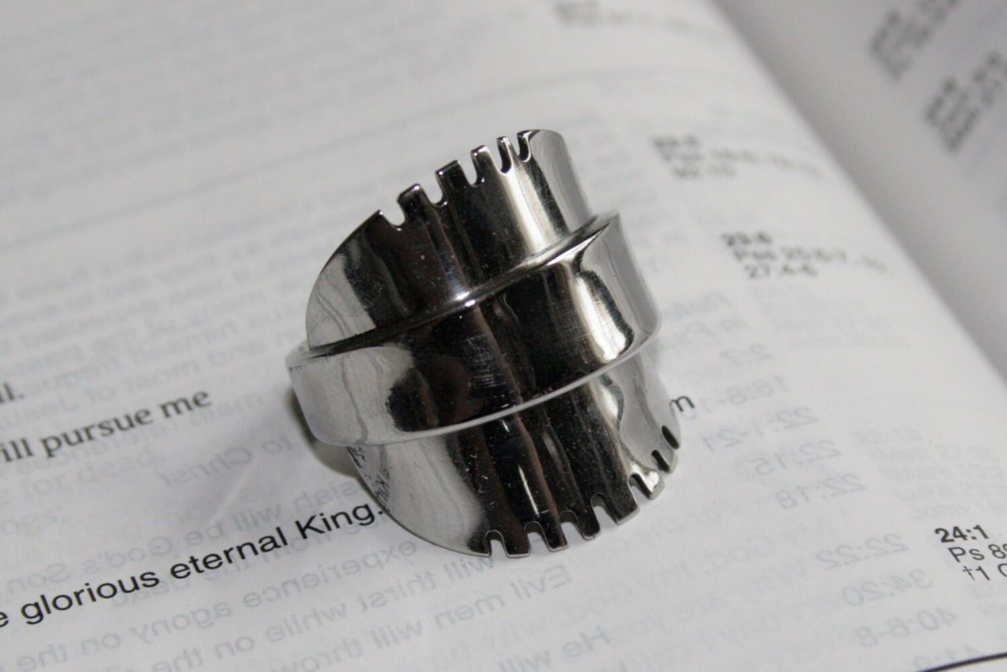 Upcycled silver ring made from antique spoon with notched edge detail, gloss finish