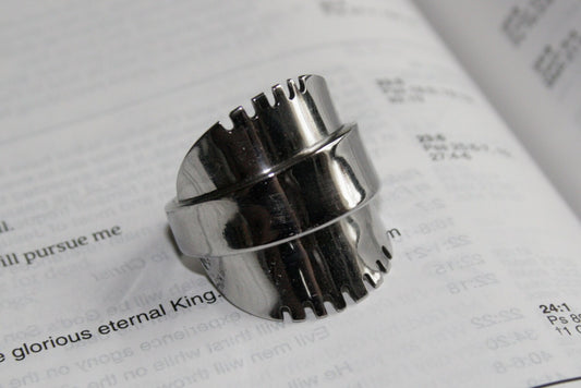 Upcycled silver ring made from antique spoon with notched edge detail, gloss finish