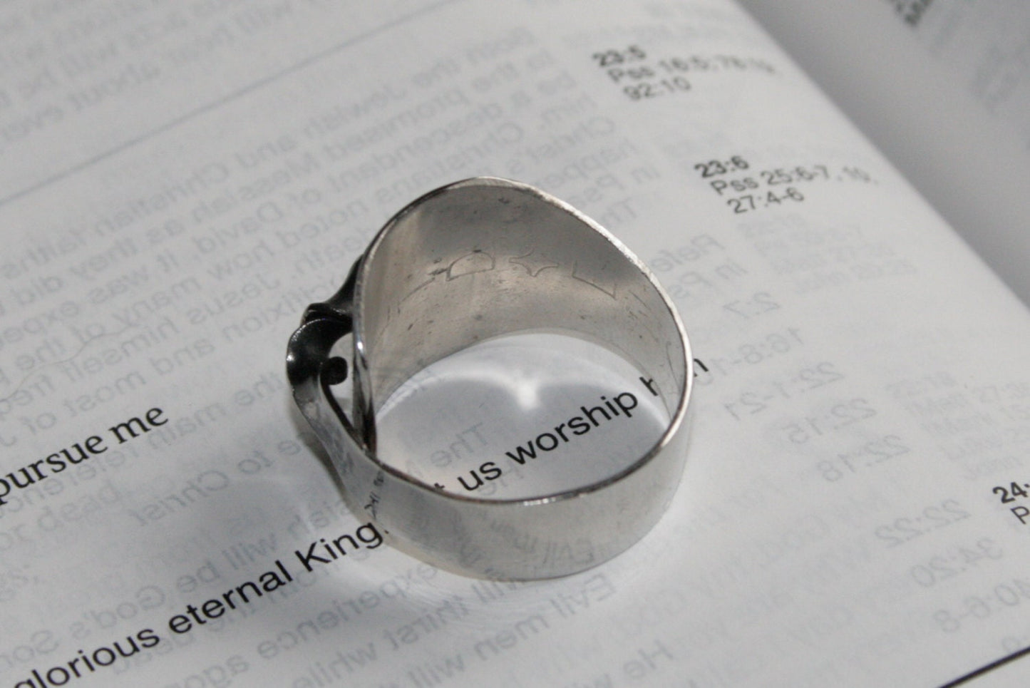 Upcycled silver ring made from antique spoon with twist detail, interior