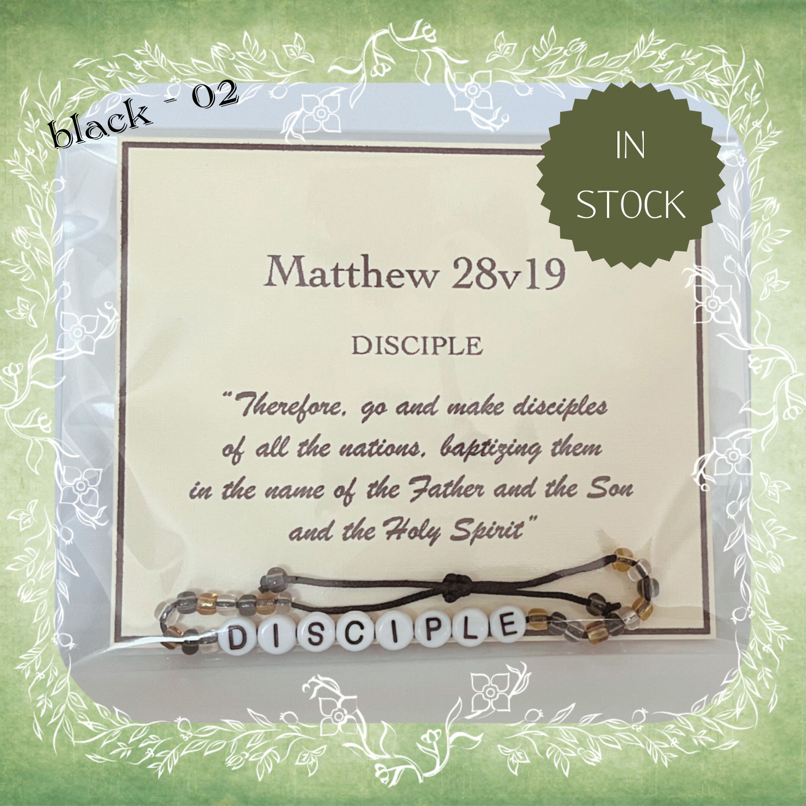 Disciple Bible verse bracelet with letter beads and scripture verse card, packaged for gifting and encouragement, black cord and bead mix 02