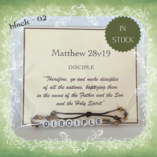 Disciple Bible verse bracelet with letter beads and scripture verse card, packaged for gifting and encouragement, black cord and bead mix 02