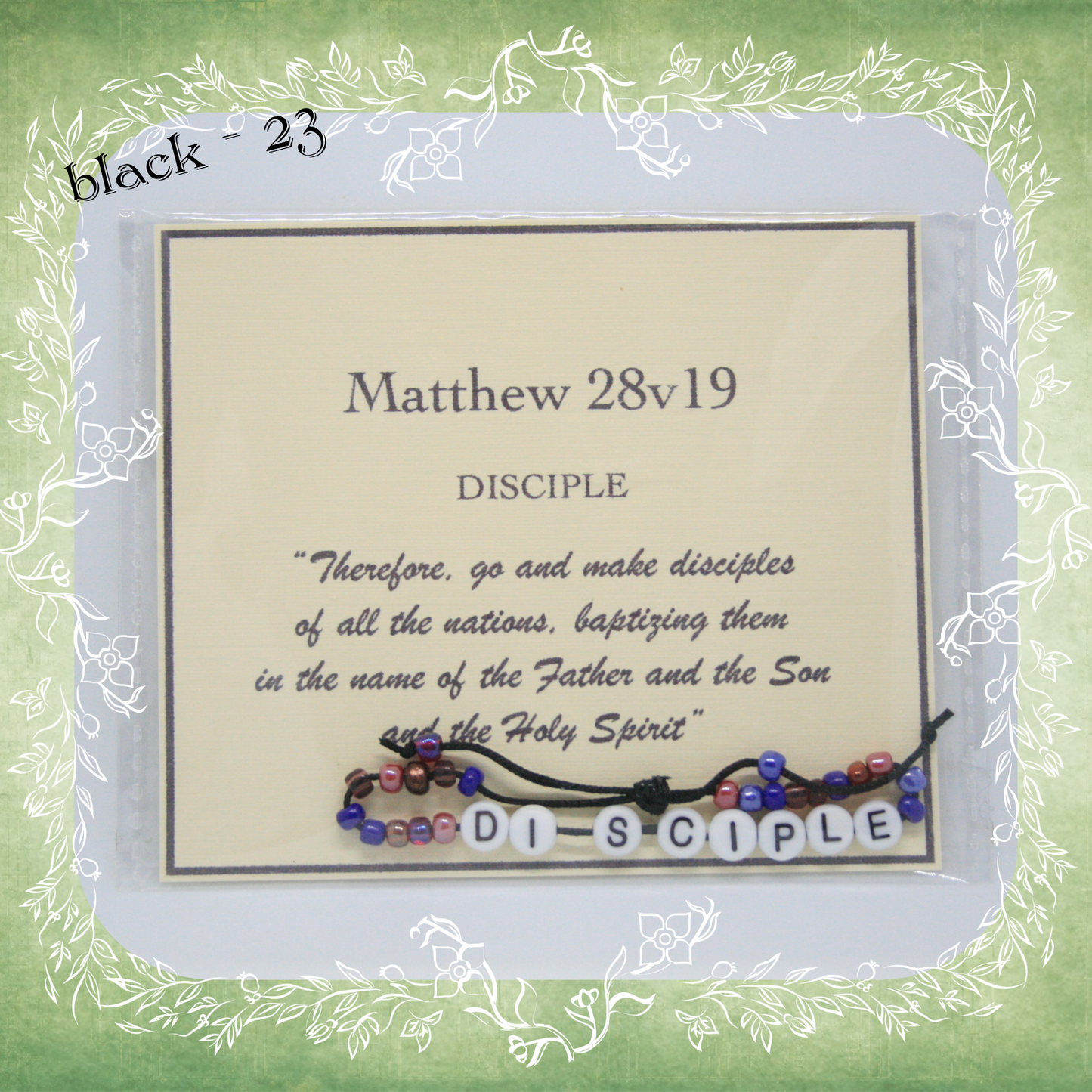 Disciple Bible verse bracelet with letter beads and scripture verse card, packaged for gifting and encouragement, black cord and bead mix 23