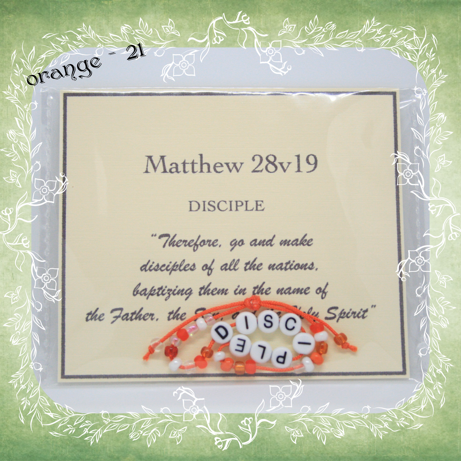 Disciple Bible verse bracelet with letter beads and scripture verse card, packaged for gifting and encouragement, orange cord and bead mix 21