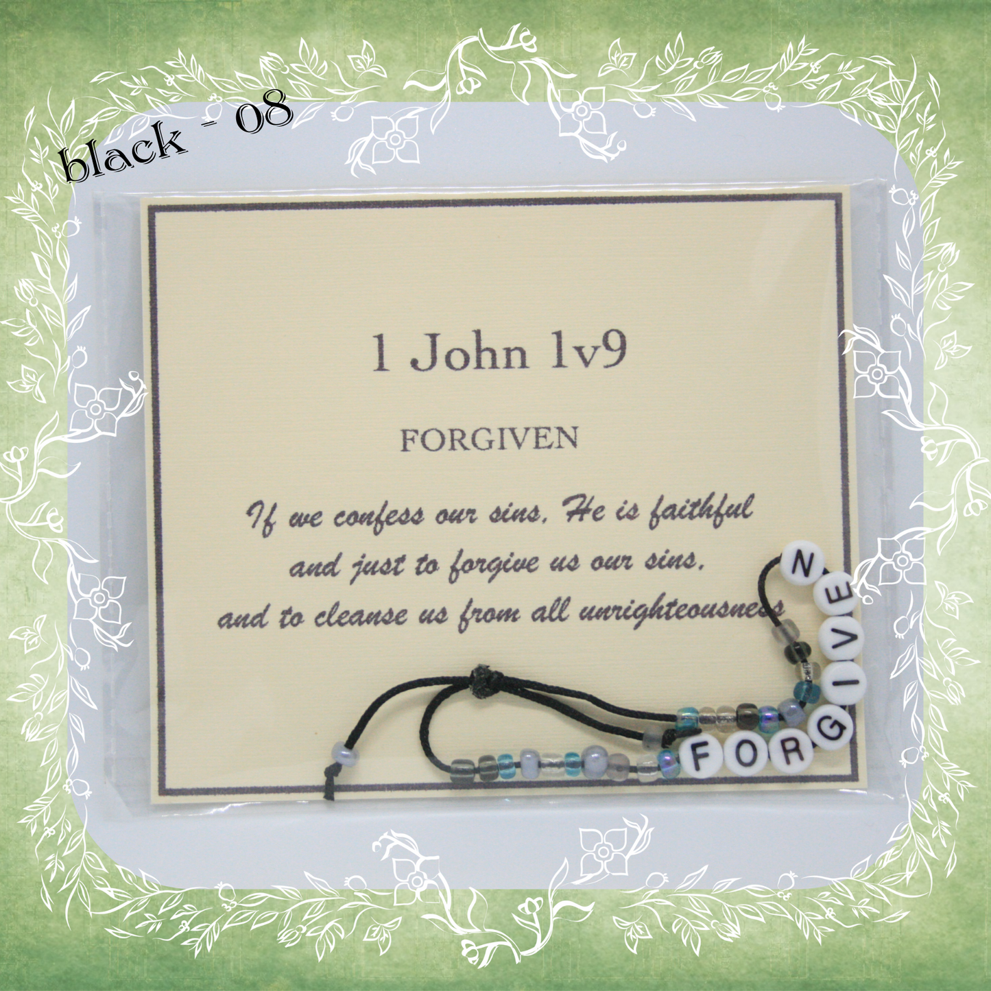 Forgiven Bible verse bracelet with letter beads and scripture verse card, packaged for gifting and encouragement, black cord and bead mix 08