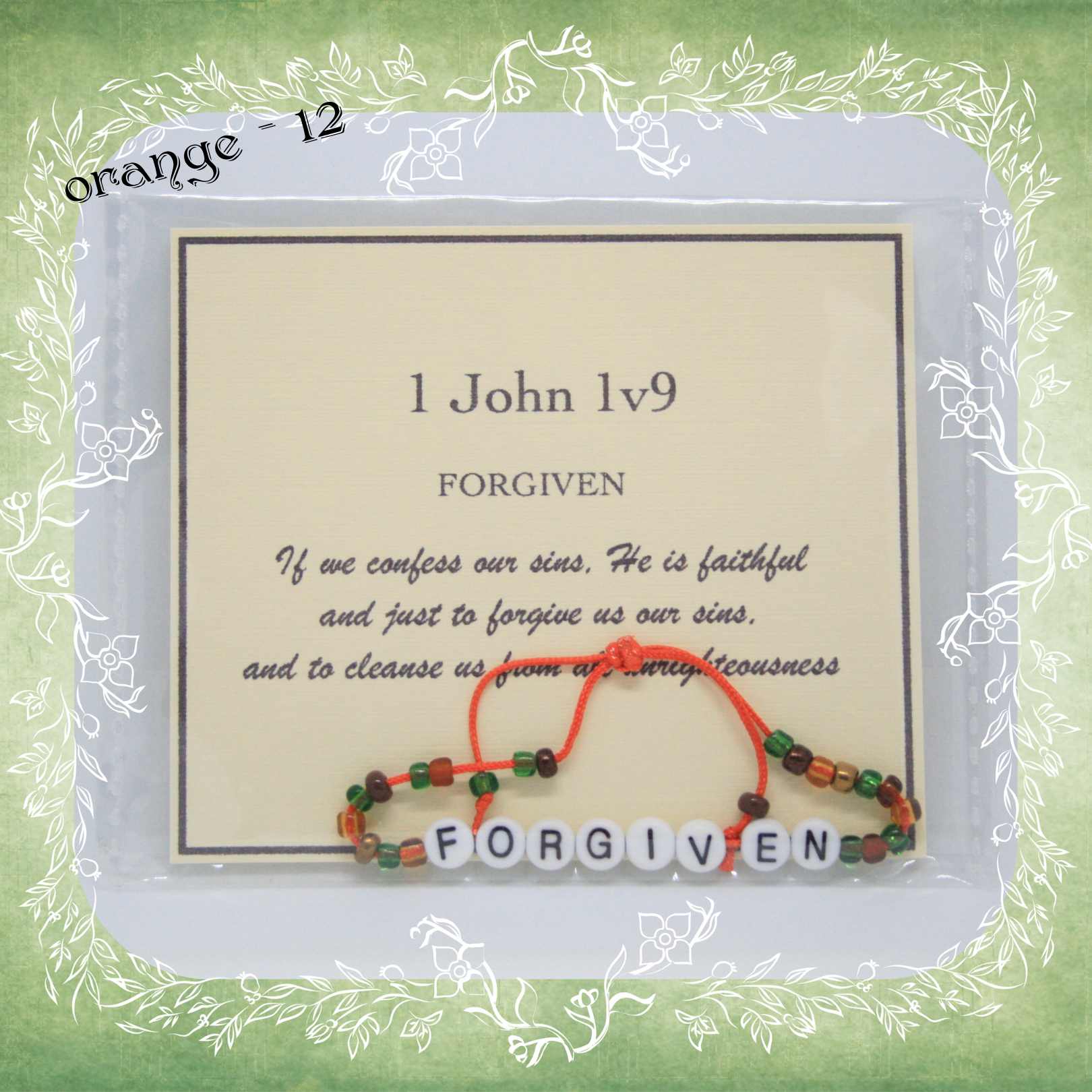 Forgiven Bible verse bracelet with letter beads and scripture verse card, packaged for gifting and encouragement, orange cord and bead mix 12
