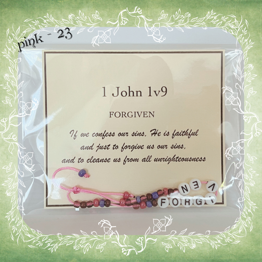 Forgiven Bible verse bracelet with letter beads and scripture verse card, packaged for gifting and encouragement, pink cord and bead mix 23