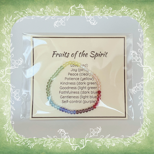 Fruits of the Spirit Bible verse bracelet with coloured beads and description card, packaged for gifting and encouragement