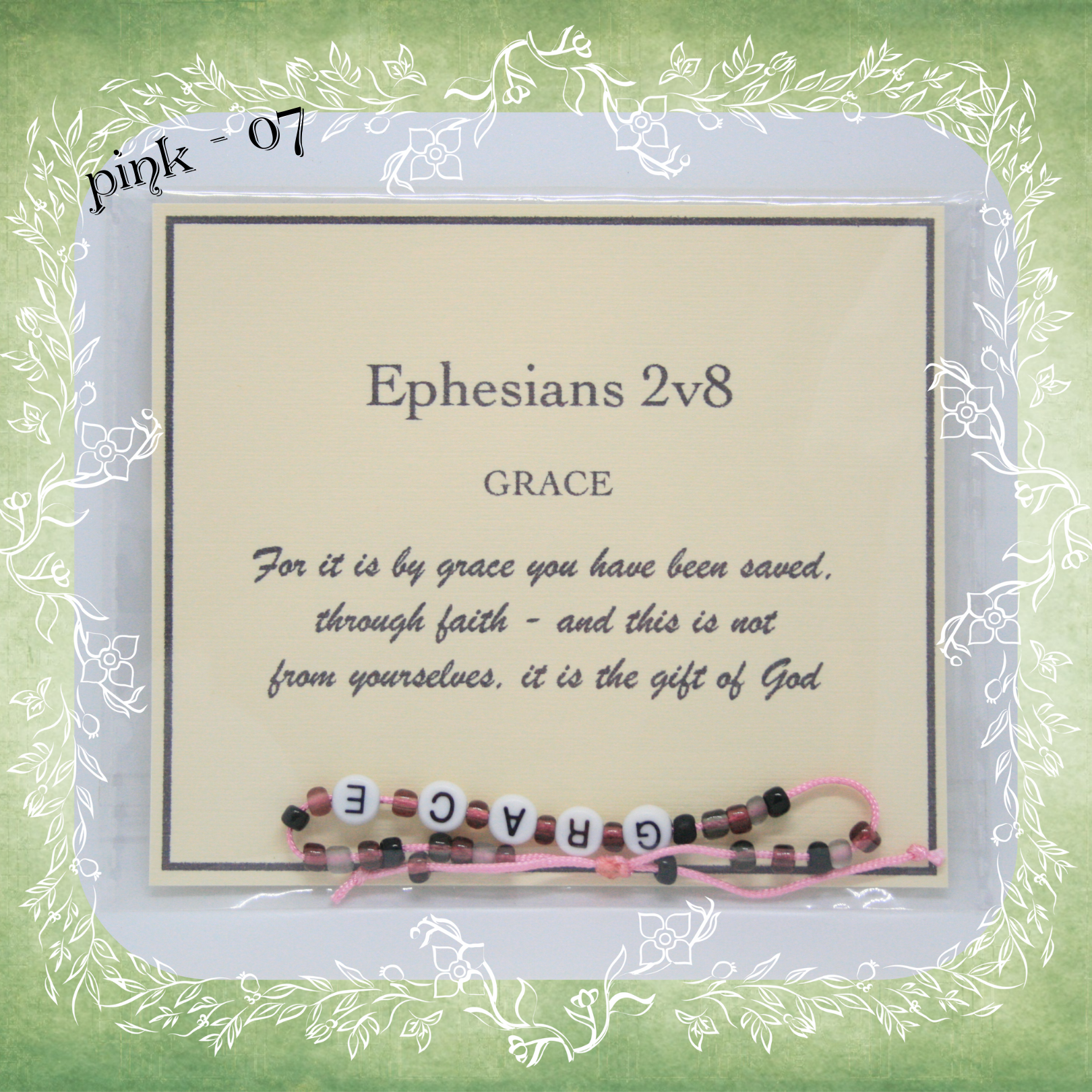Grace Bible verse bracelet with letter beads and scripture verse card, packaged for gifting and encouragement, pink cord and bead mix 07