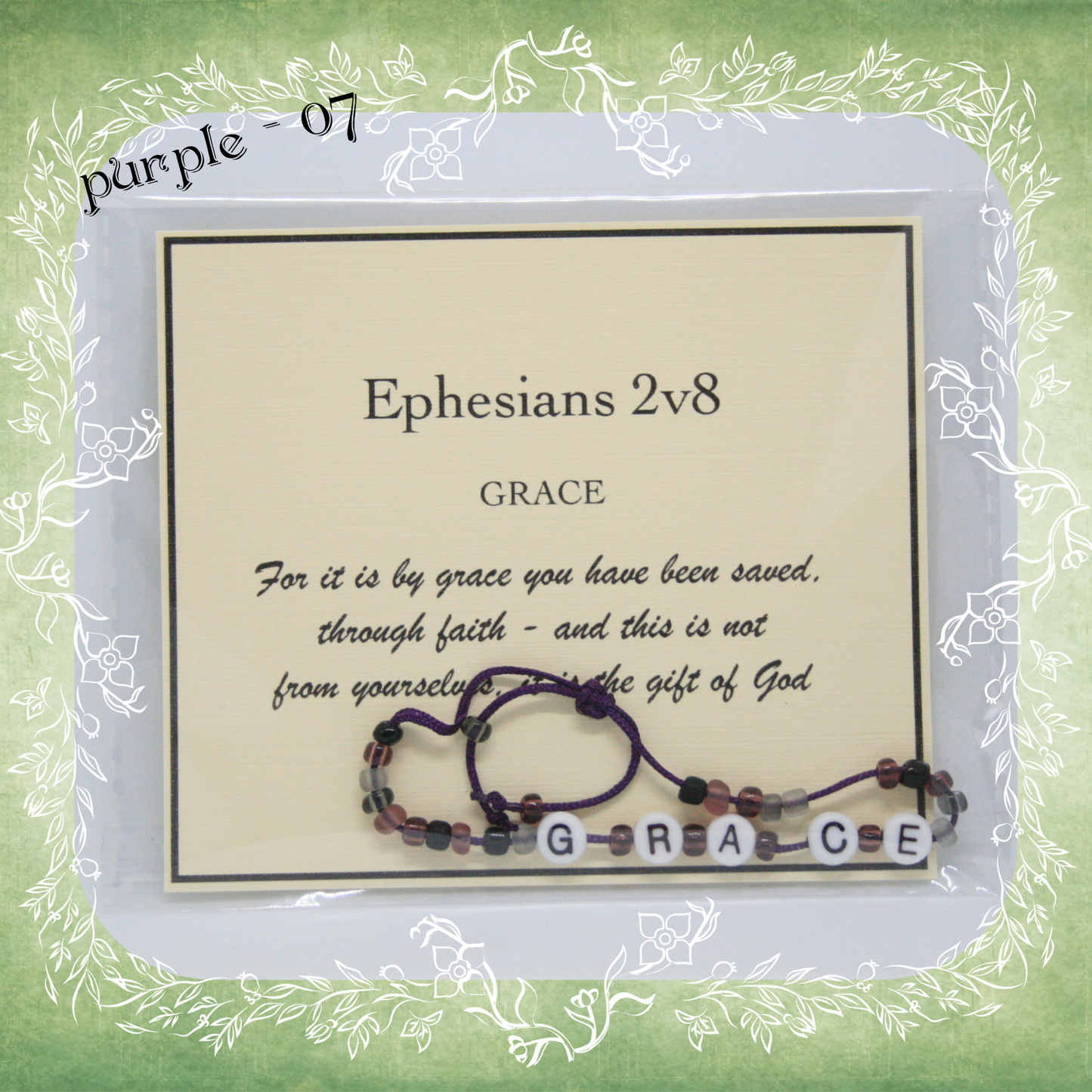 Grace Bible verse bracelet with letter beads and scripture verse card, packaged for gifting and encouragement, purple cord and bead mix 07
