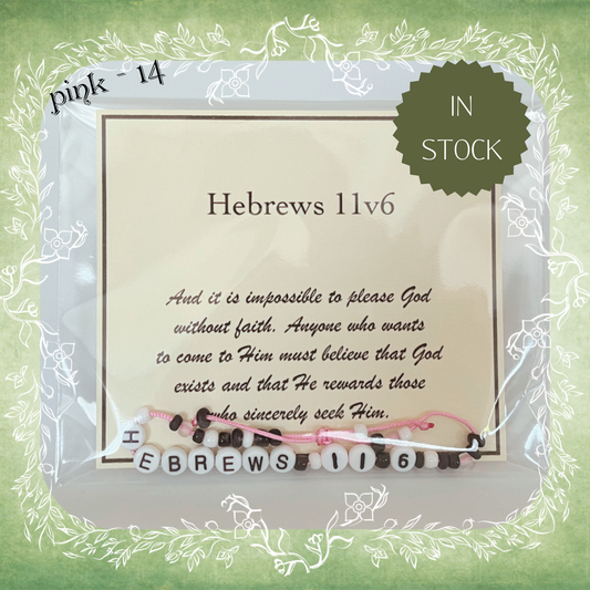 Hebrews 11v6 Bible verse bracelet with letter beads and scripture verse card, packaged for gifting and encouragement, pink cord and bead mix 14