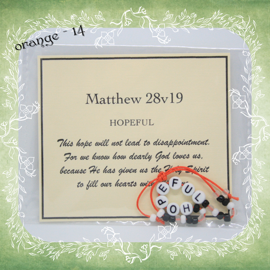 Hopeful Bible verse bracelet with letter beads and scripture verse card, packaged for gifting and encouragement, orange cord and bead mix 14