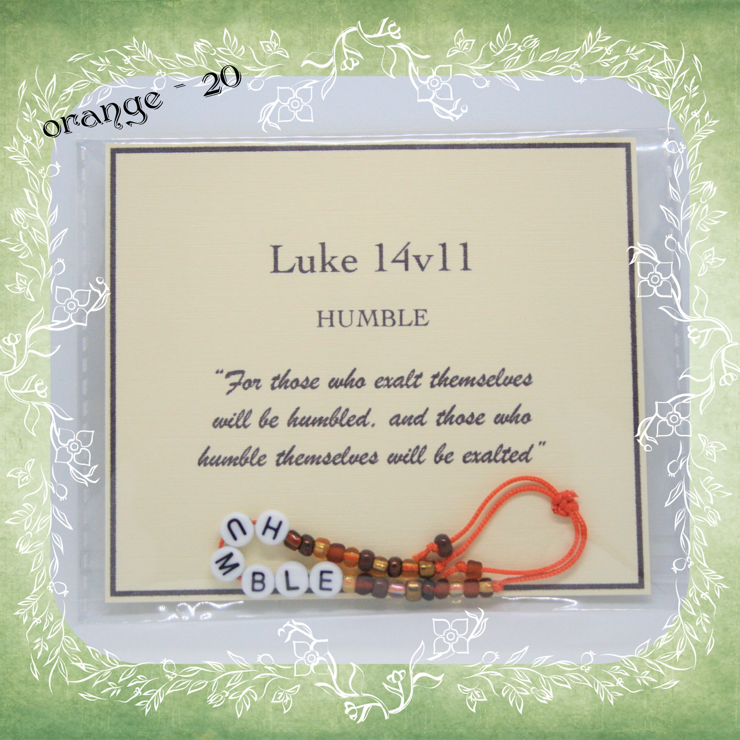 Humble Bible verse bracelet with letter beads and scripture verse card, packaged for gifting and encouragement, orange cord and bead mix 20