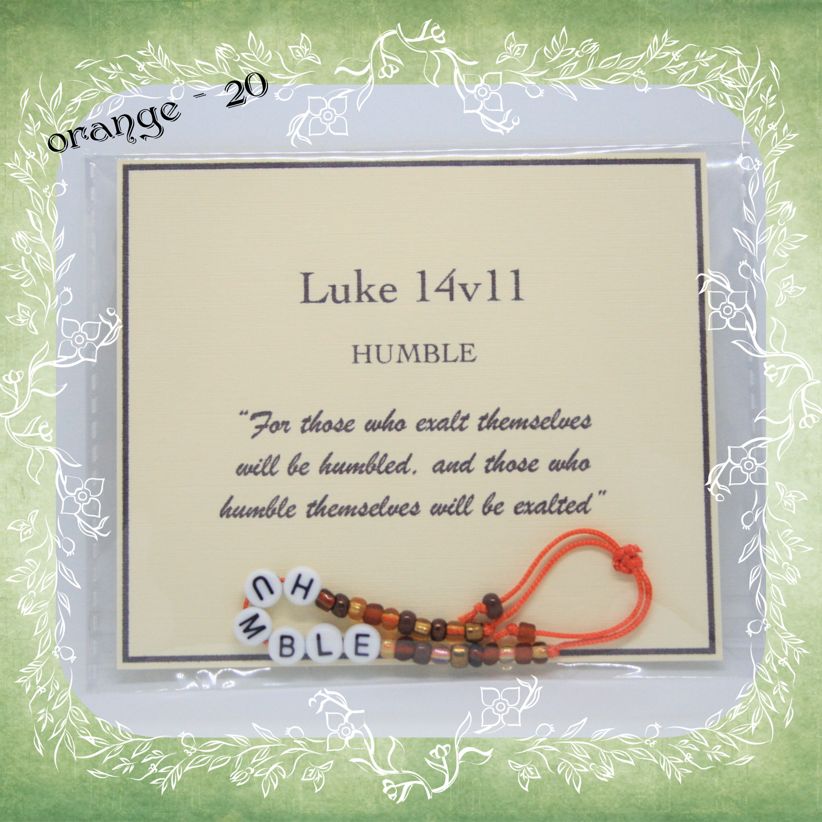Humble Bible verse bracelet with letter beads and scripture verse card, packaged for gifting and encouragement, orange cord and bead mix 20