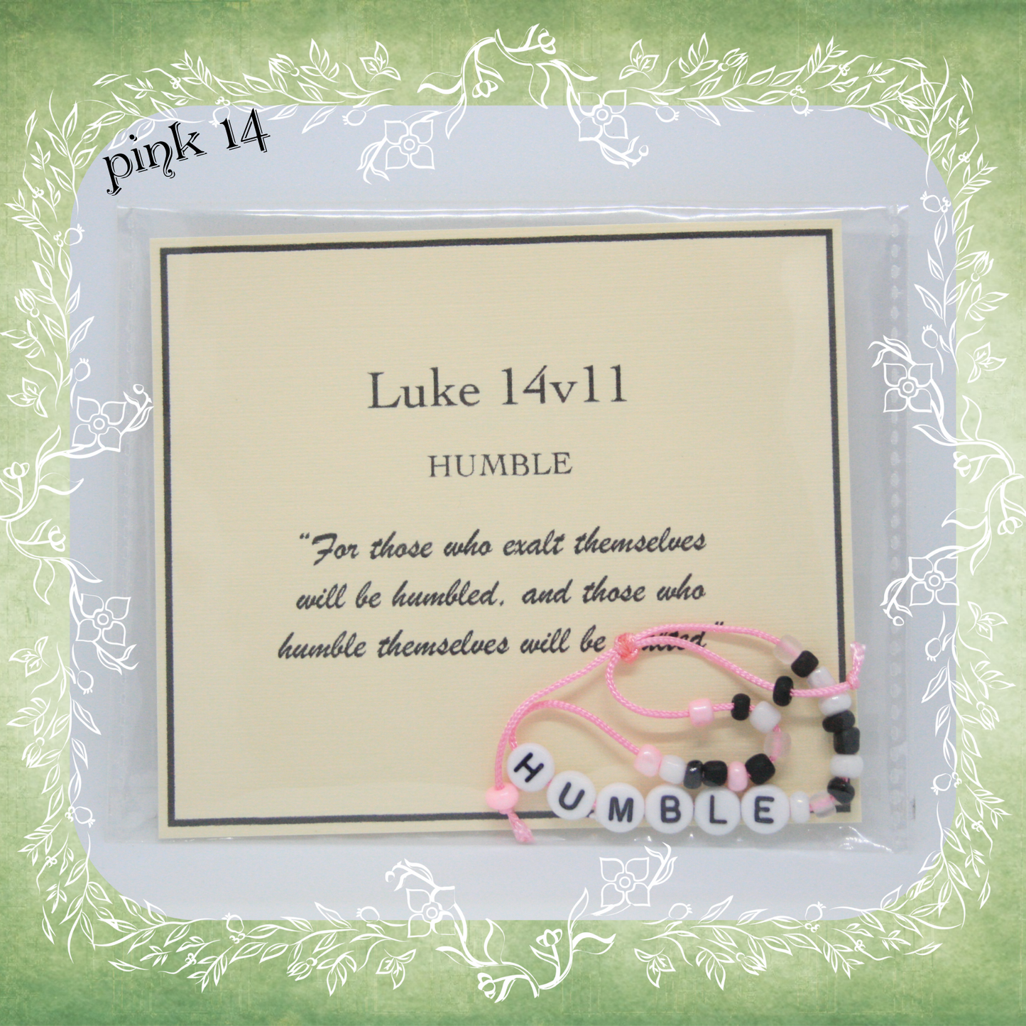Humble Bible verse bracelet with letter beads and scripture verse card, packaged for gifting and encouragement, pink cord and bead mix 14