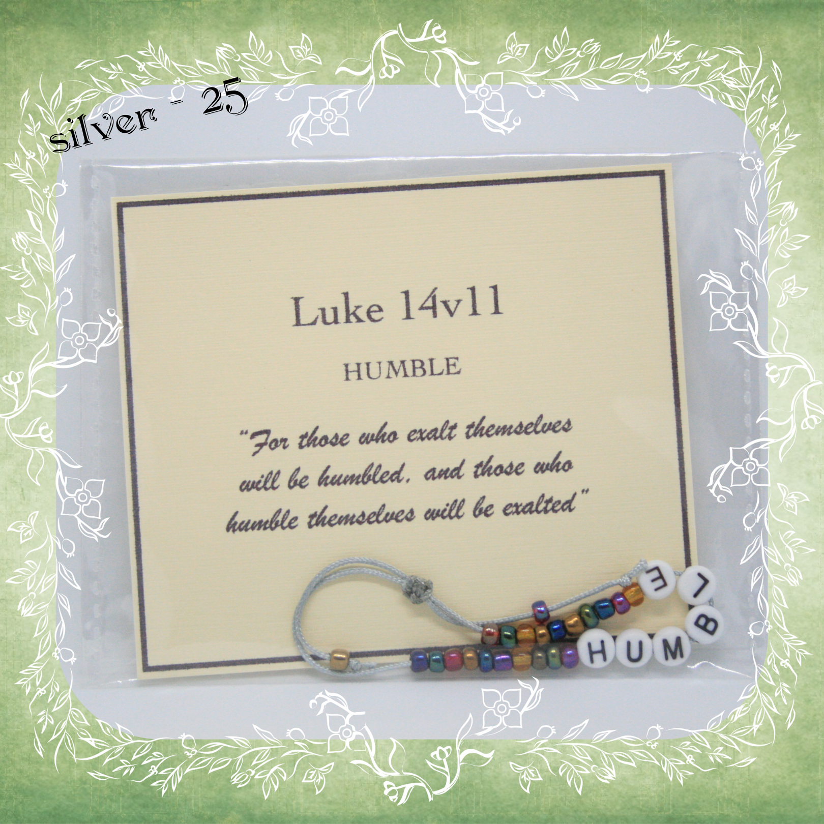 Humble Bible verse bracelet with letter beads and scripture verse card, packaged for gifting and encouragement, silver cord and bead mix 25