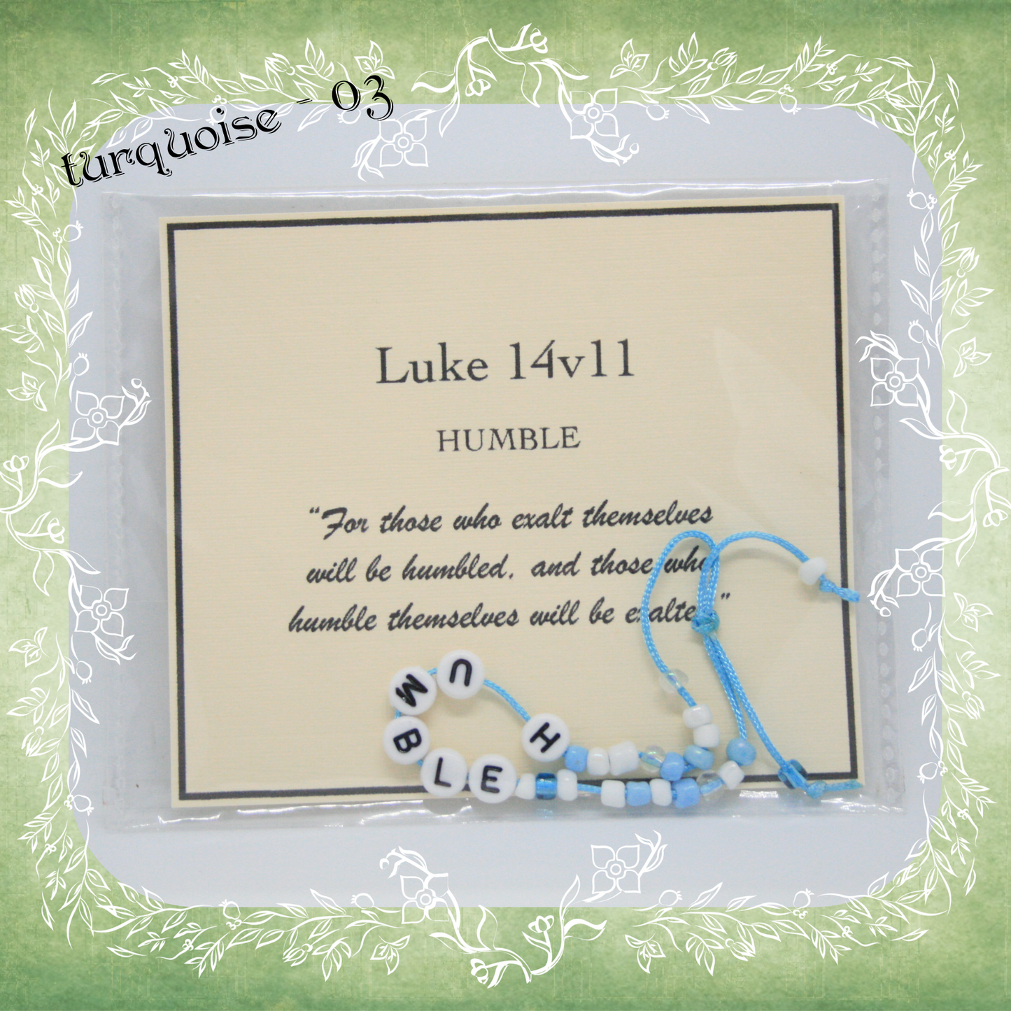 Humble Bible verse bracelet with letter beads and scripture verse card, packaged for gifting and encouragement, turquoise cord and bead mix 03
