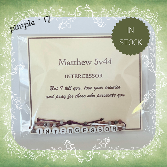 Intercessor Bible verse bracelet with letter beads and scripture verse card, packaged for gifting and encouragement, purple cord and bead mix 17